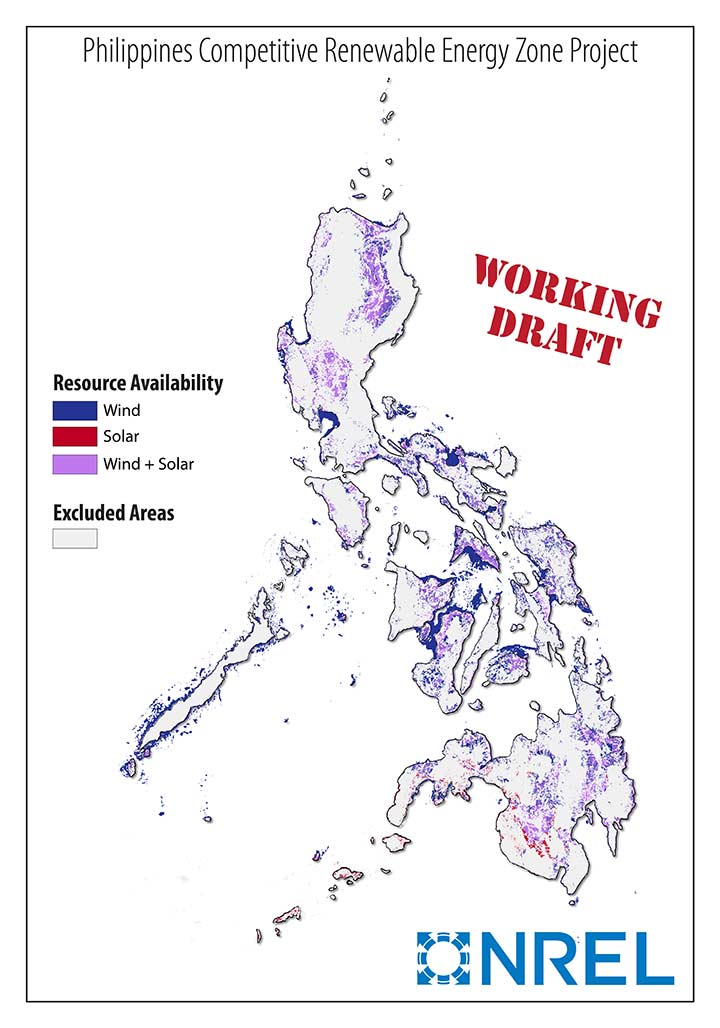 This is a map of the Philippines that shows the areas that have high-quality renewable energy resources: wind (blue), solar (red), and wind + solar (purple).