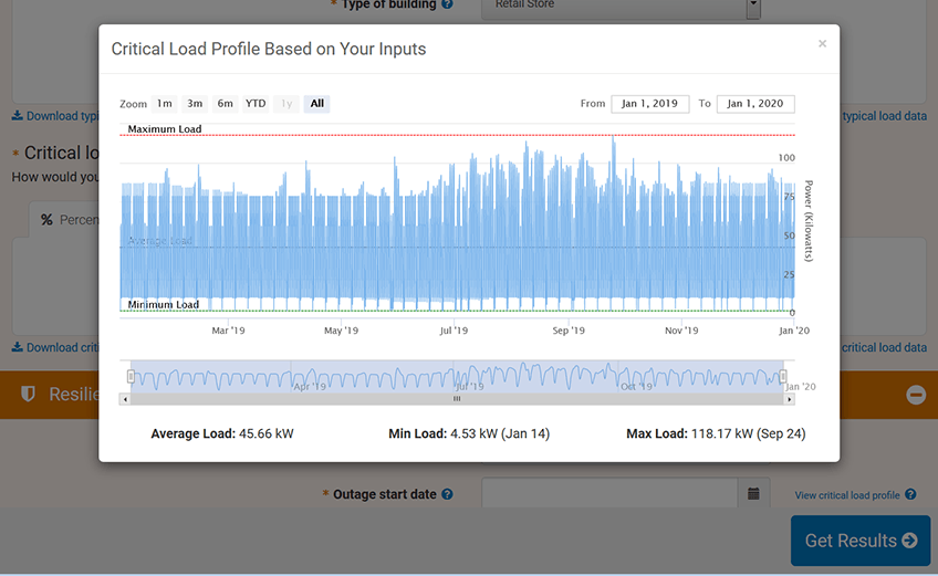 A graph shows a user’s critical load profile based on REopt Lite tool inputs.