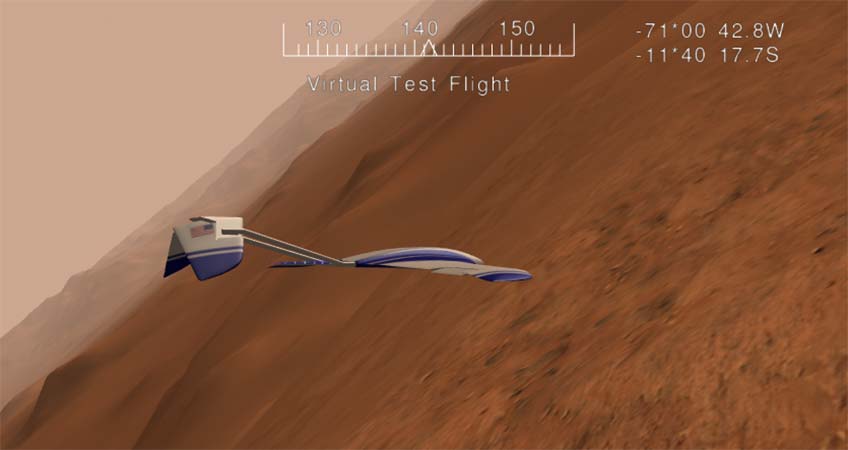 A screenshot of a virtual test flight simulation including an aircraft above the surface of Mars