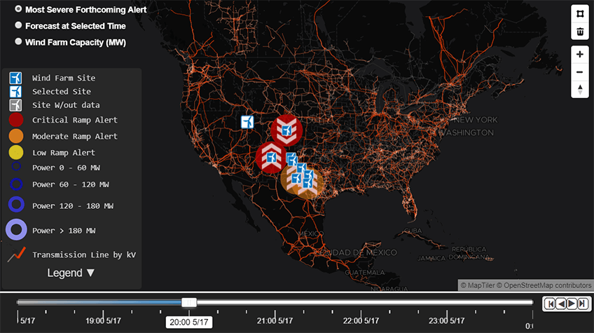 Picture of WindView tool showing the most severe forthcoming alerts on the map of the United States.