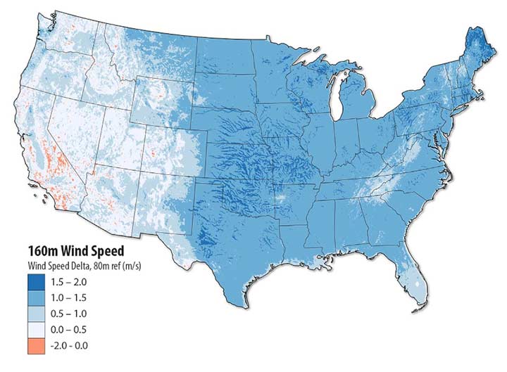 Map of mean annual wind speed 160 m above ground level minus 80 m in the United States shaded in different colors depending on an area’s wind speed.