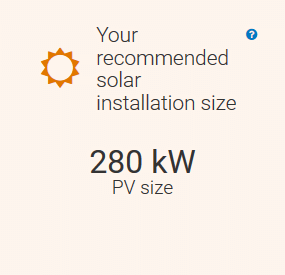 A screenshot of the REopt Lite results page with a recommended solar installation size of 280 kW