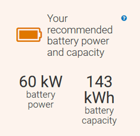 A screenshot of the REopt Lite results page with a recommended battery of 60 kW battery power and 143 kWh battery capacity.