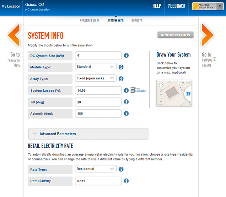 Screenshot of the user interface for the PVWatts calculator, showing input fields