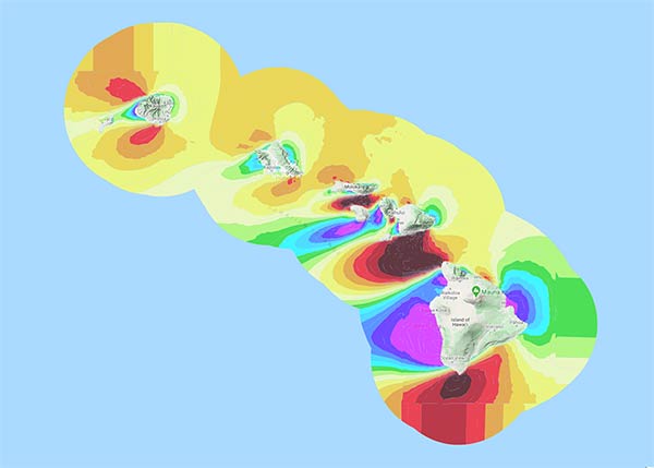 A map of Hawaii with a spectrum of bright colors along the shore to indicate wind resource potential.