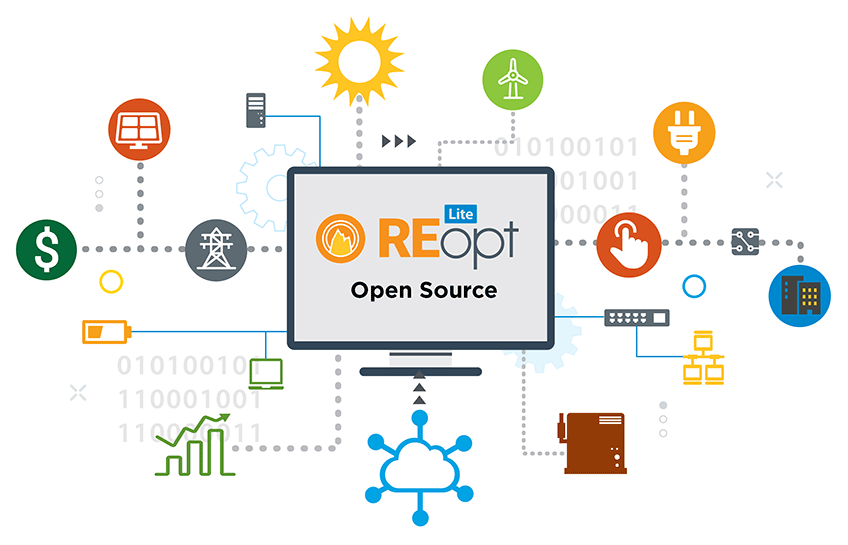An abstract graphic shows the technology and cost inputs and REopt Lite Open Source outputs.