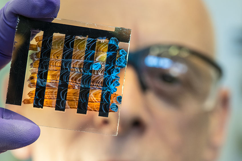 Closeup of a researcher holding a perovskite ink painted cell