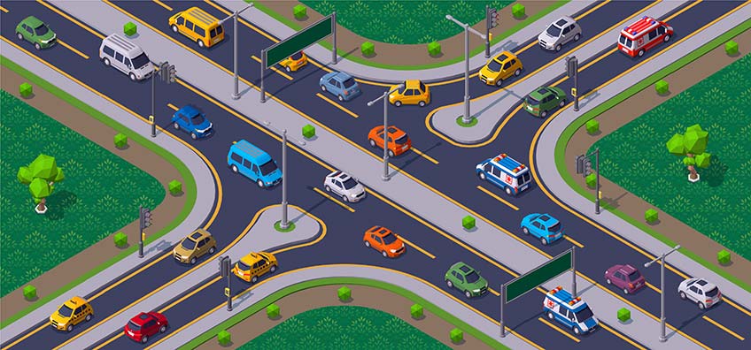 An illustration of a busy intersection.