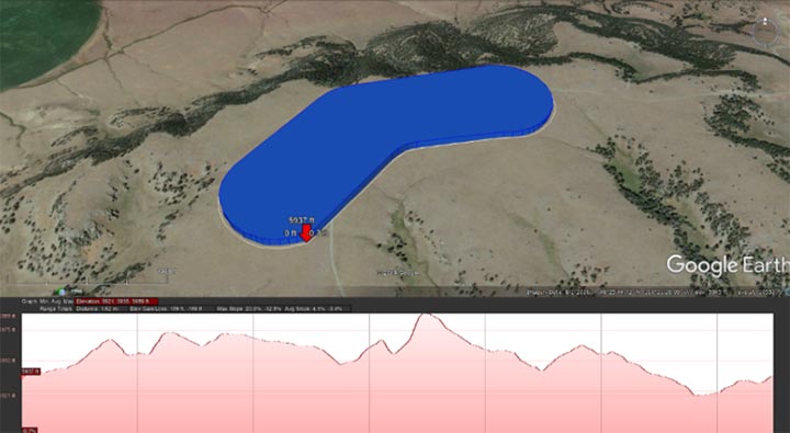 Illustration of reservoir on top of a butte, surrounded by valleys with vegetation. Beneath the Illustration is a chart indicating the topography where a proposed steel dam meets the natural ground surface.