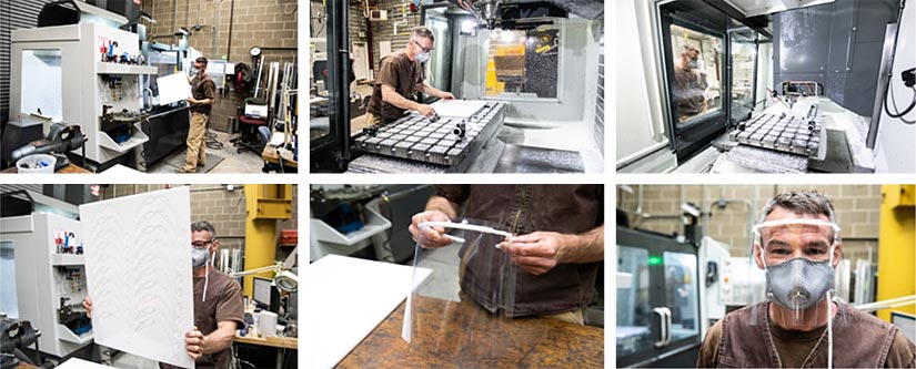 A series of photos of an NREL researcher (Rob Goldhor) demonstrating the face shield manufacturing process using a CNC mill. The researcher is using a machine and is seen wearing one of the face shields.