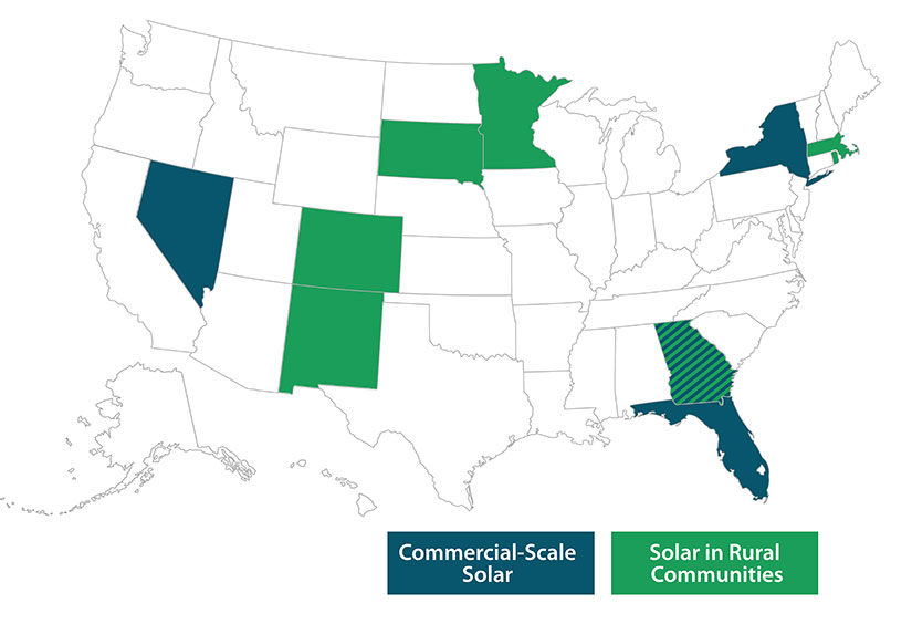 A map showing states that have commercial-scale solar and solar in rural communities.