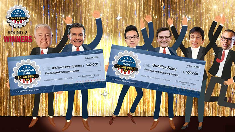 a graphic showing several people holding two large checks.