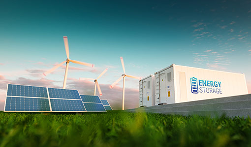 Digital rendering of wind turbines, solar panels, and large battery energy storage systems.