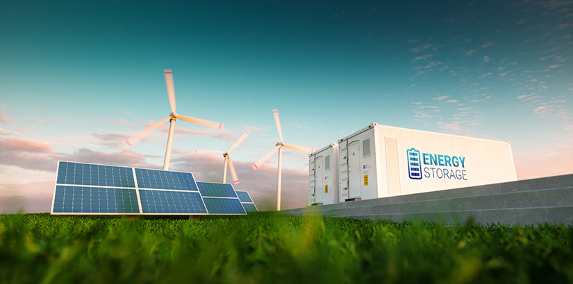 Digital rendering of wind turbines, solar panels, and large battery energy storage systems.