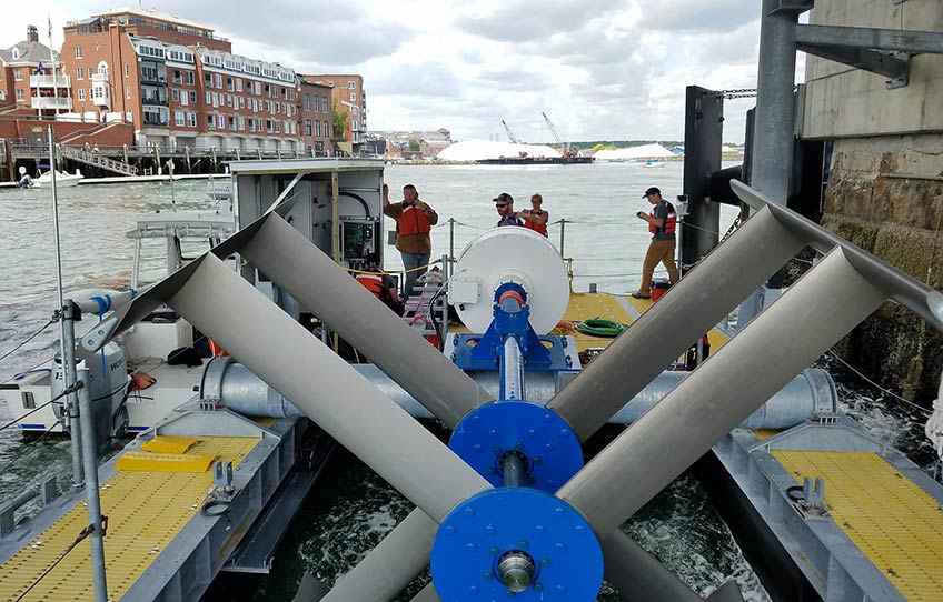 Turbine rotor sits on a body of water