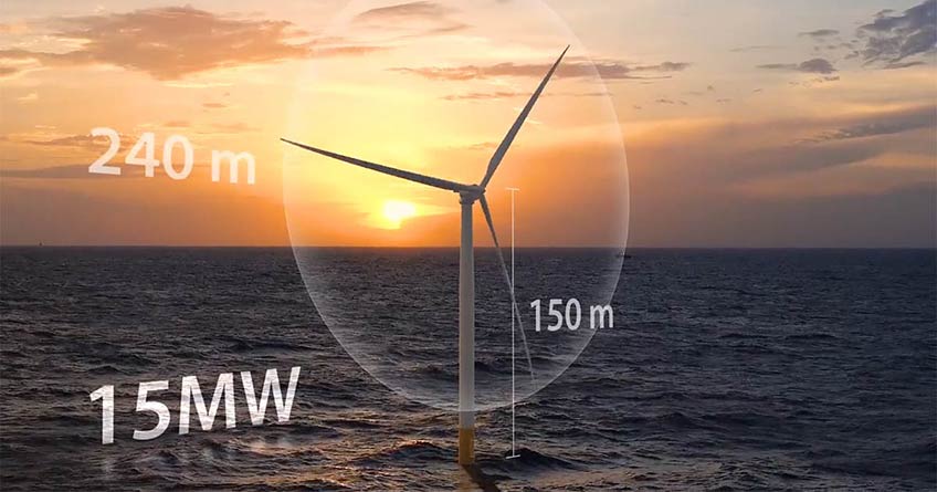 A computer-generated graphic of a wind turbine rising over the surface of the ocean with numbers showing the model is rated for a 15-megawatt turbine with a height of 150 meters and a rotor diameter of 240 meters.