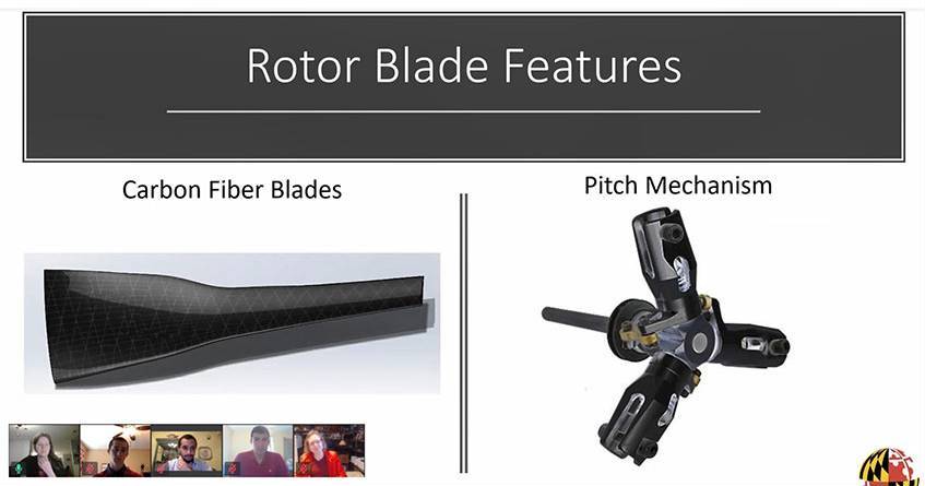 A digital slide shows the rotor blade features of the team’s turbine design. In the bottom left corner is a row of screenshots featuring five men and women communicating with each other through their computer screens. 