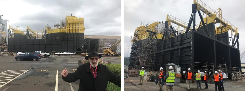 Two photographs situated side by side, one with a man giving thumbs up in front of construction and another with workers in safety equipment gathered around the same construction area.