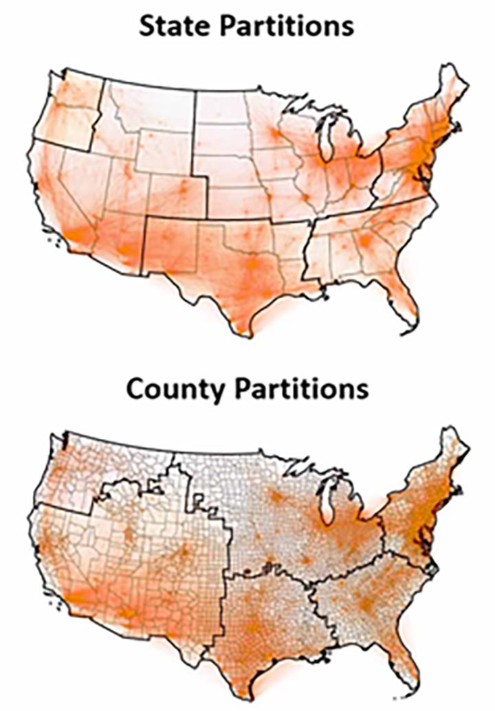 Two maps of the United States with text indicating State Partitions and County Partitions.