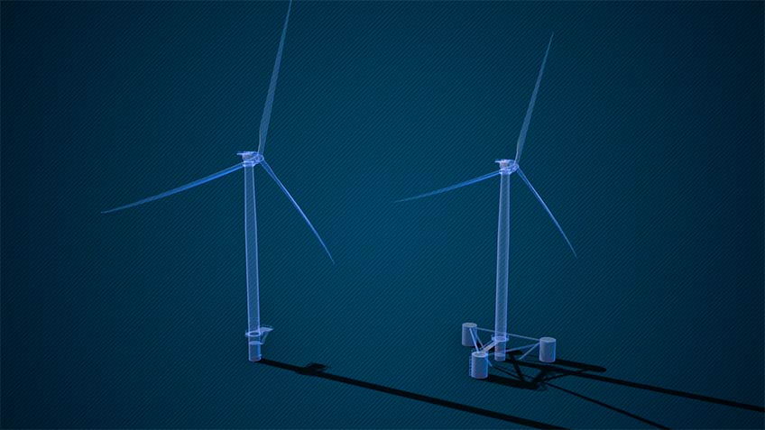 Two 3D models of a fixed-bottom and floating offshore wind turbine. 