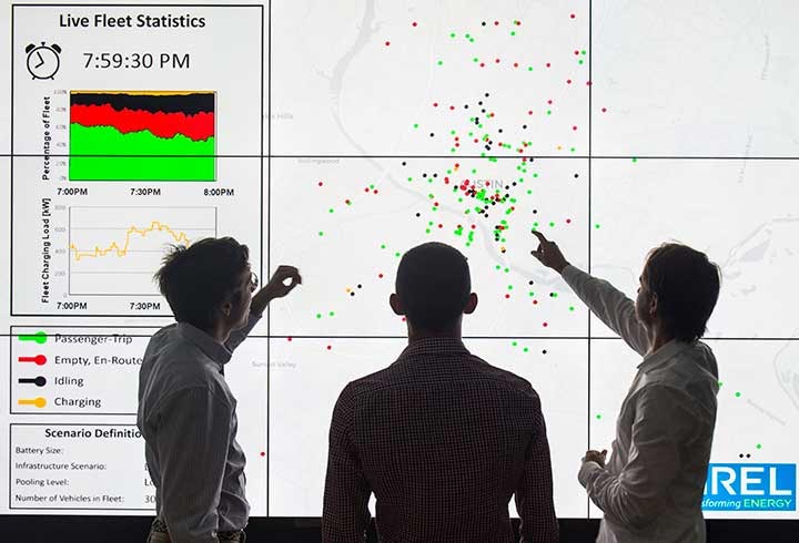 Three men looking and pointing at a screen with multi-colored dots.