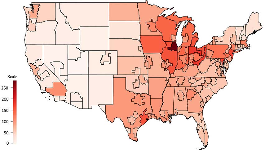 Map of the United States color coded in red gradient scale, with darker red areas in the Midwest and Mid-Atlantic regions. Except for the coastal states, the western states are predominantly lighter red.