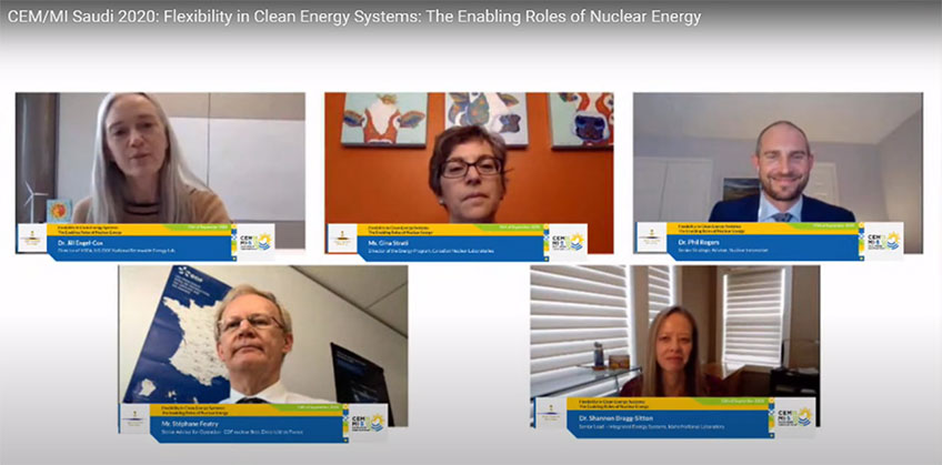 Screenshot of a virtual meeting that includes five panelists on screen. 