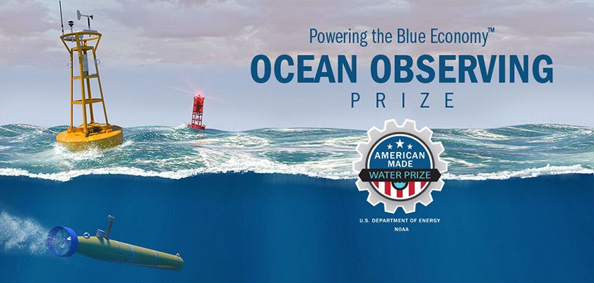 Photo banner featuring a buoy, wave energy converter and logo for the Ocean Observing Prize.