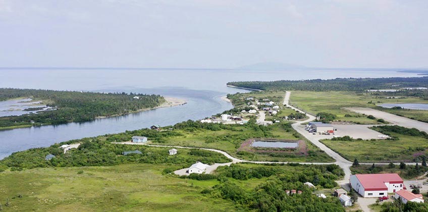 An aerial photo of Kvichak River and Lake Iliamna