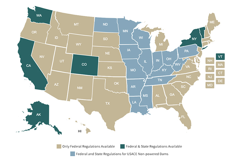 Tan, forest green and light blue color-coded states on the United States Map with the text “Choose a State to Explore” above it. Key at the bottom of the map states that only federal regulations are available for tan states, Federal and State Regulations are available for forest green states, and Federal and State Regulations for USACE Non-powered Dams are available for light blue states.