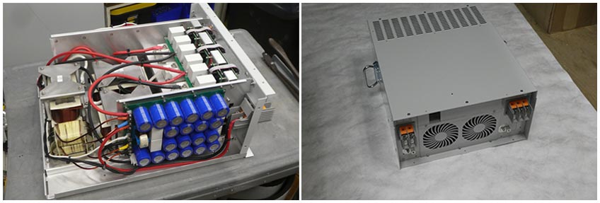 A side-by-side photograph of the inside of a power inverter (left) and the outside of a power inverter (right).