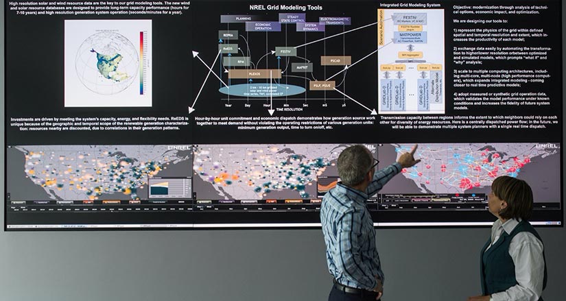 Photo of NREL researchers analyzing U.S. electric grid data displayed on a large computer screen.