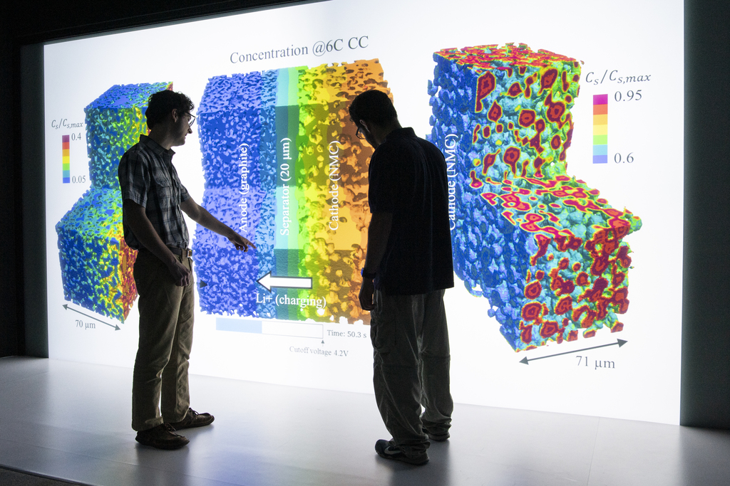 Two men stand in front of a giant screen with a colorful 3D rendering of a lithium-ion battery electrode. 