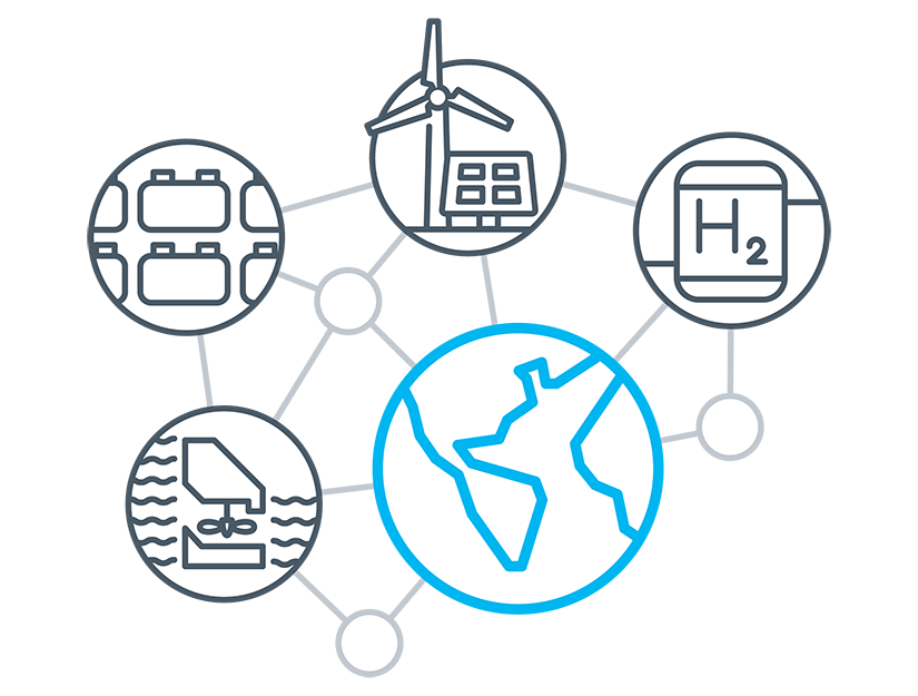 Graphic of five icons interconnected with lines, including hydrogen, batteries, pumped hydropower, wind, solar, and a globe to represent diverse storage technologies and how they contribute to the grid.