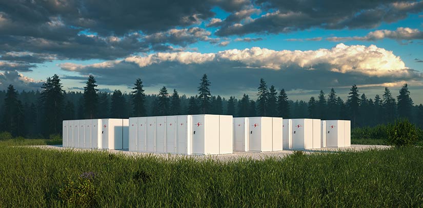 Image of a group of battery energy storage systems in a field with a forest in the background.