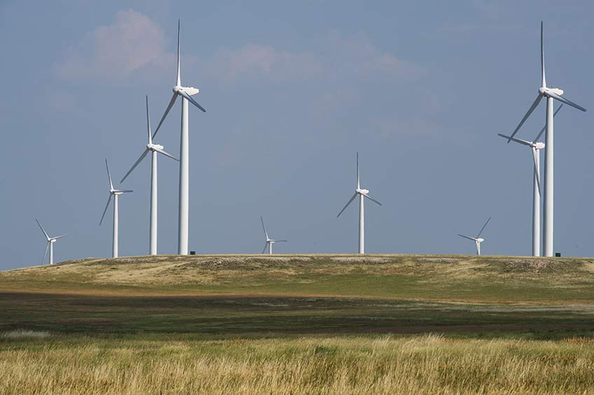 A group of wind turbines stand on a grassy hillside. 