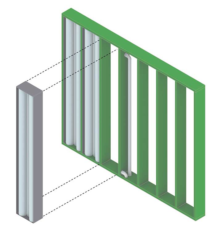 Prototype image of a hot water / heating technology with pipes embedded in wall cavities.