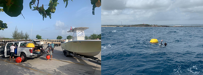 A boat next to a buoy in a truck (left) and a yellow buoy in the ocean with a diver (right)