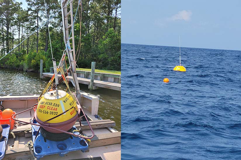 A yellow buoy on a boat (left) and in the ocean (right)