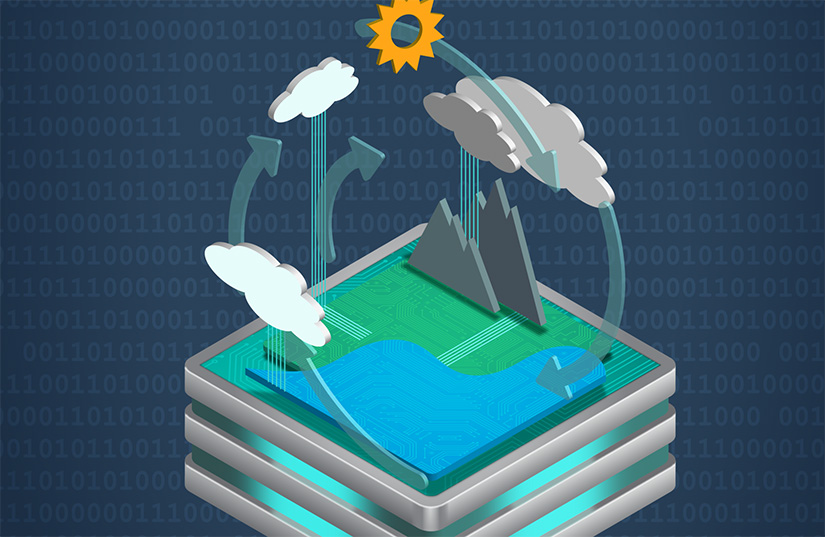 Illustration of the sun, clouds, and rain over a computer data storage stack