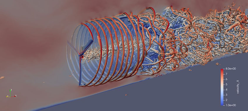 A computer model shows a corkscrew of color that becomes increasingly chaotic the further it spirals away from the tips of simulated wind turbine blades