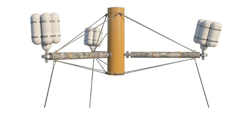 Graphic of a floating offshore wind turbine substructure that has three legs, each topped by three clusters of buoy-like objects. The legs are connected to a horizontal pole. A vertical pole rises out of the center of the structure.
