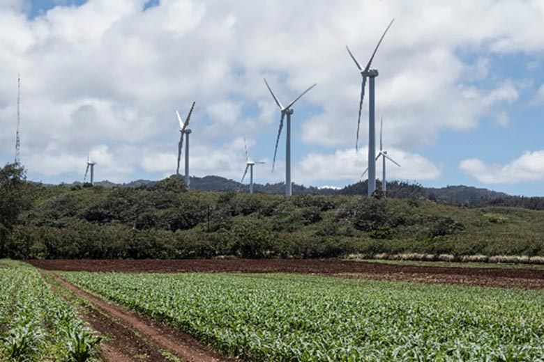 Several wind turbines on a hilly, agricultural landscape.