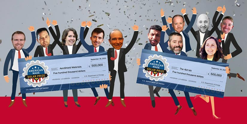 Cartoon of people celebrating and holding up two large checks.
