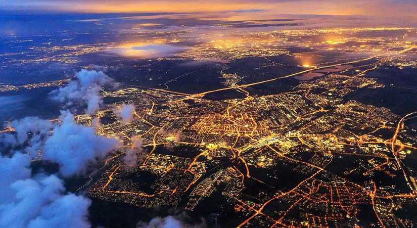Aerial view of a city at night