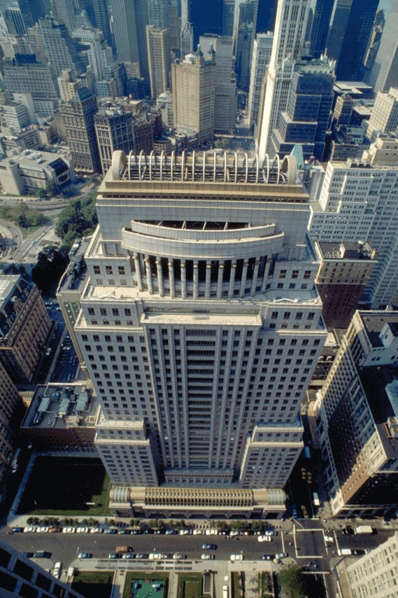 Aerial view of a federal building in lower Manhattan with energy efficiency upgrades.