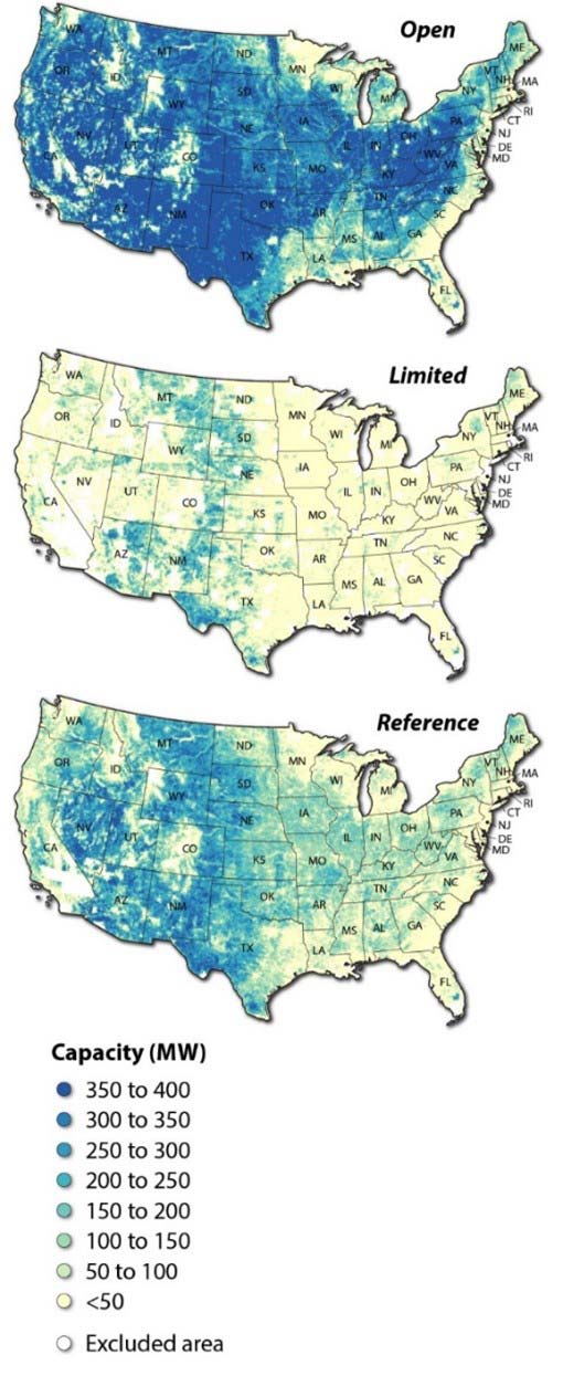 Graphic of three maps of the United States with different shades of blue and green to represent the available land to deploy wind energy projects across three scenarios: open access, limited, and reference. The open access scenario is heavily shaded blue, showing most of the country is available for wind deployment. The limited scenario has very little blue stretching from Montana south to Texas, showing there is little land for wind deployment with land use constraints.