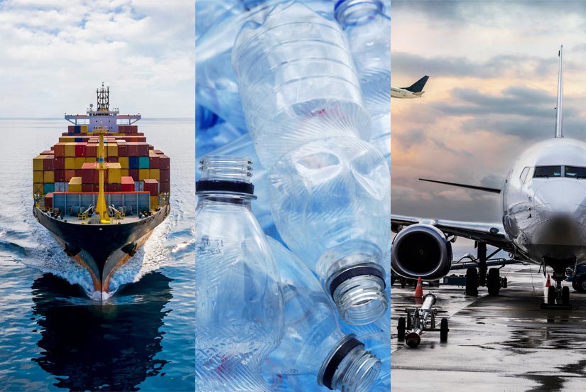 A collage of a cargo ship, plastic bottles, and an airplane at a terminal.