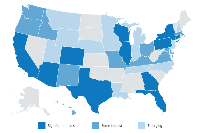 Map of the United States showing the states that have expressed interest in SolarAPP+