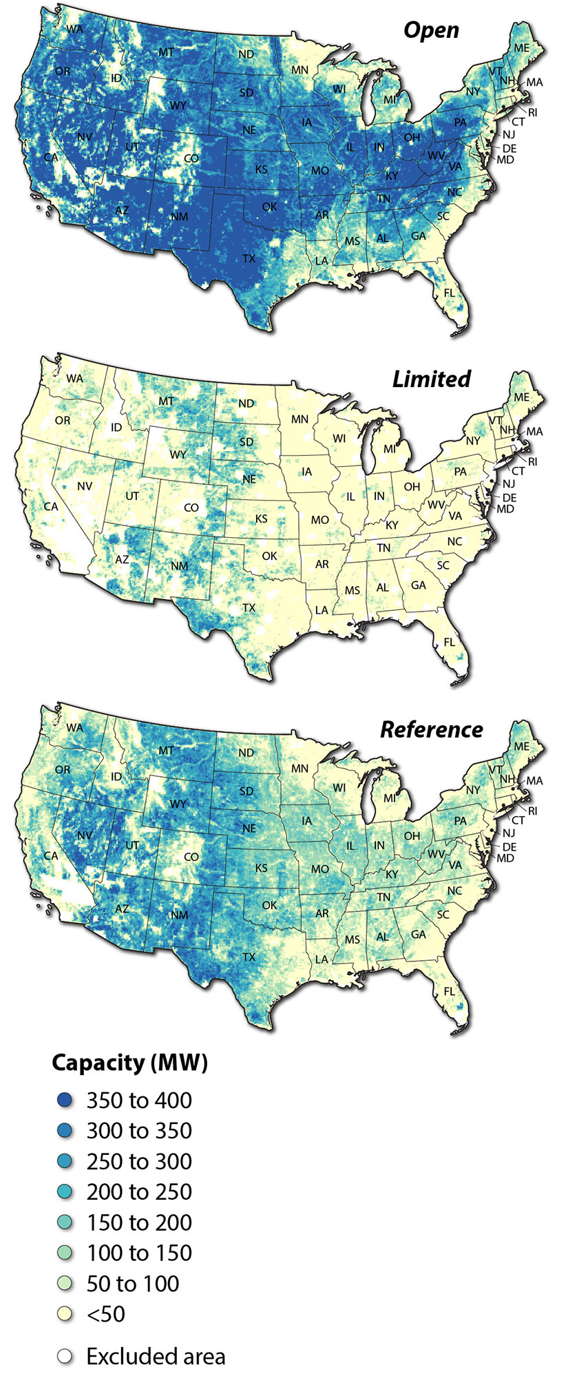 Three maps of the United States showing different levels of U.S. wind capacity based on the siting restriction scenarios, including open access, reference, and limited access. In the open access scenario, most of the country is blue, or 350 to 400 megawatts of capacity. In the reference scenario, most of the central part of the country is 150 to 200 megawatts of capacity. In the limited access scenario, or the one with the strictest siting restrictions, only a small strip in the least-populated part of the country from Texas up to Montana has 100 to 150 megawatts of capacity. The rest has less than 50, showing how wind siting have a measurable impact on wind energy potential and deployment.